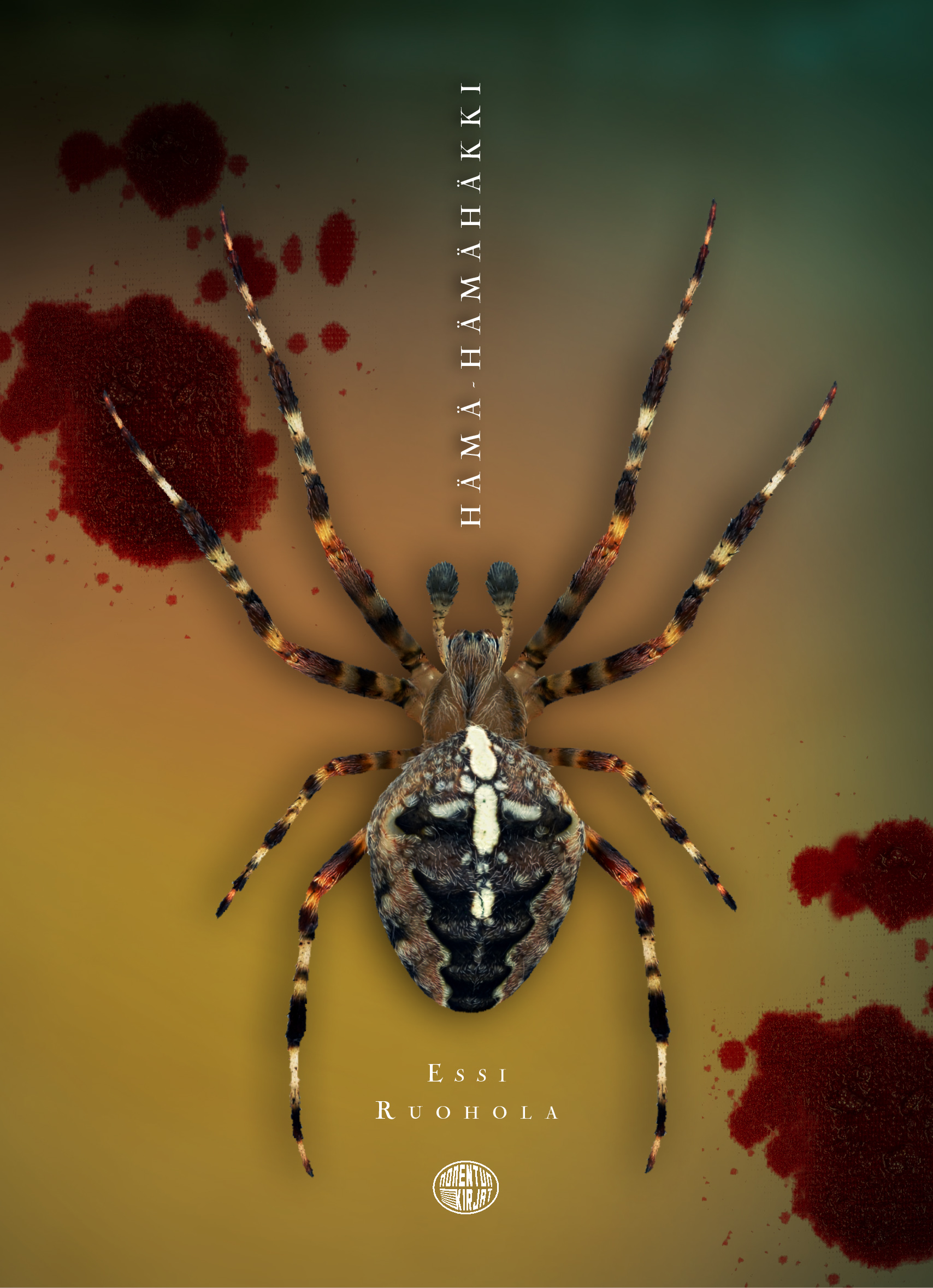 Kirjankannessa aitoristikki-hämähäkki seitissä ja veriroiskeita.